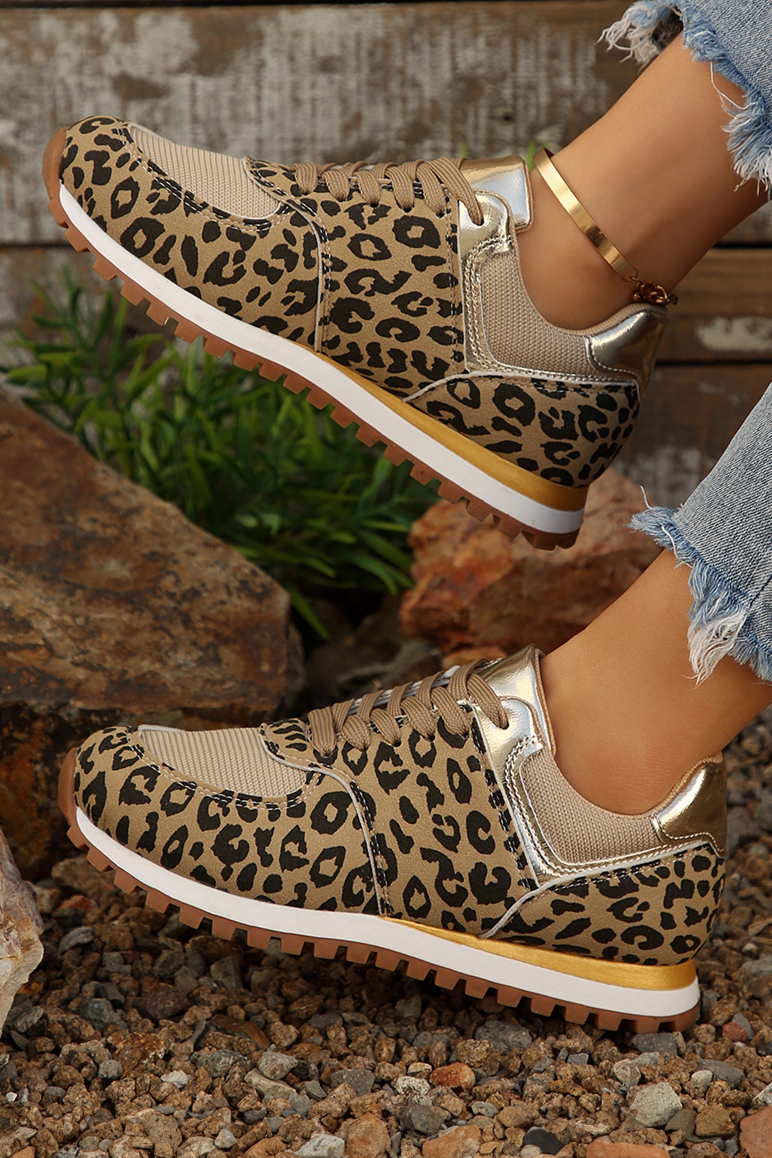 Coffee Leopard Faux Suede Mixed Patchwork Lace Up Sneakers