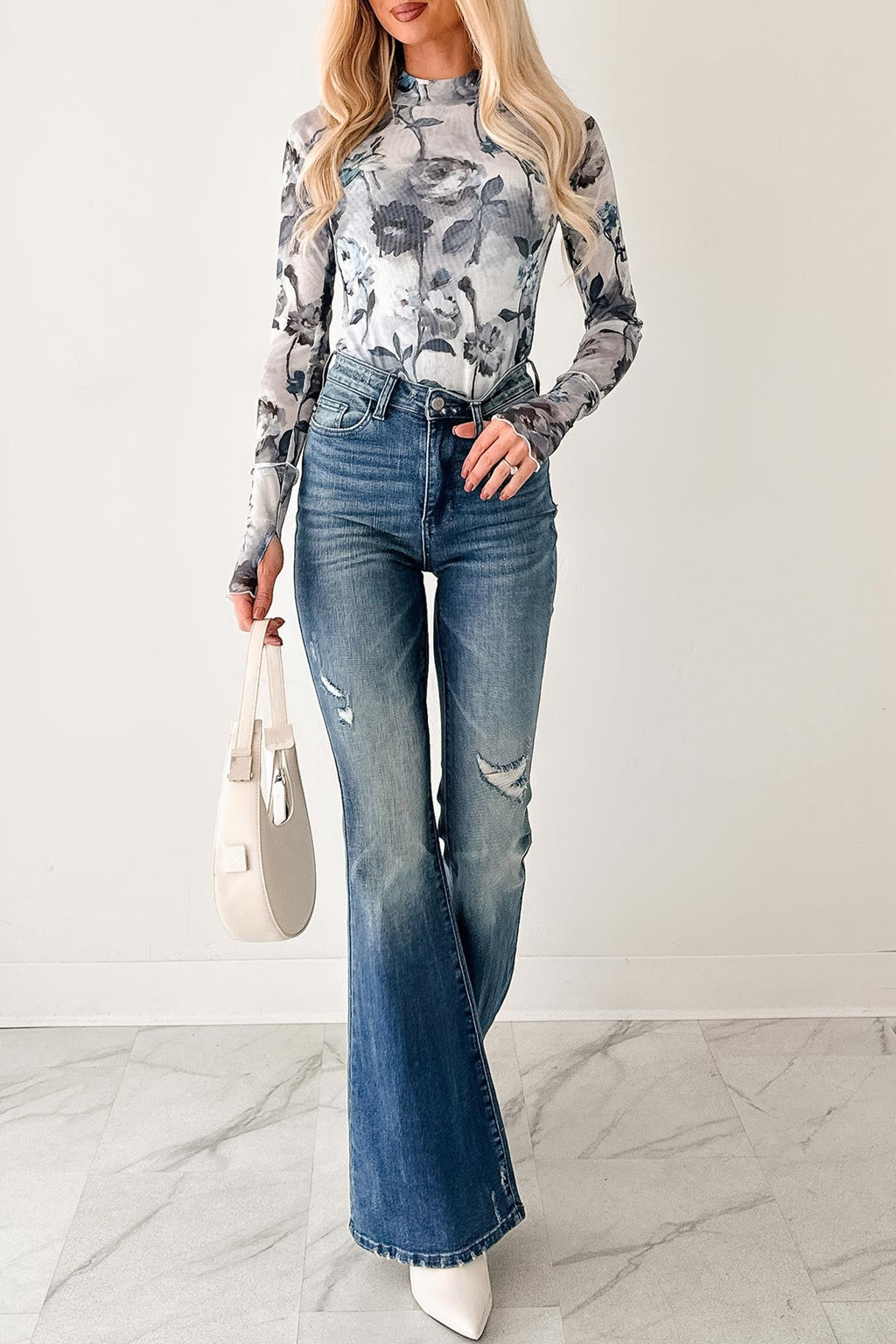 Sky Blue Floral Mesh High Neck Long Sleeve Sheath Top
