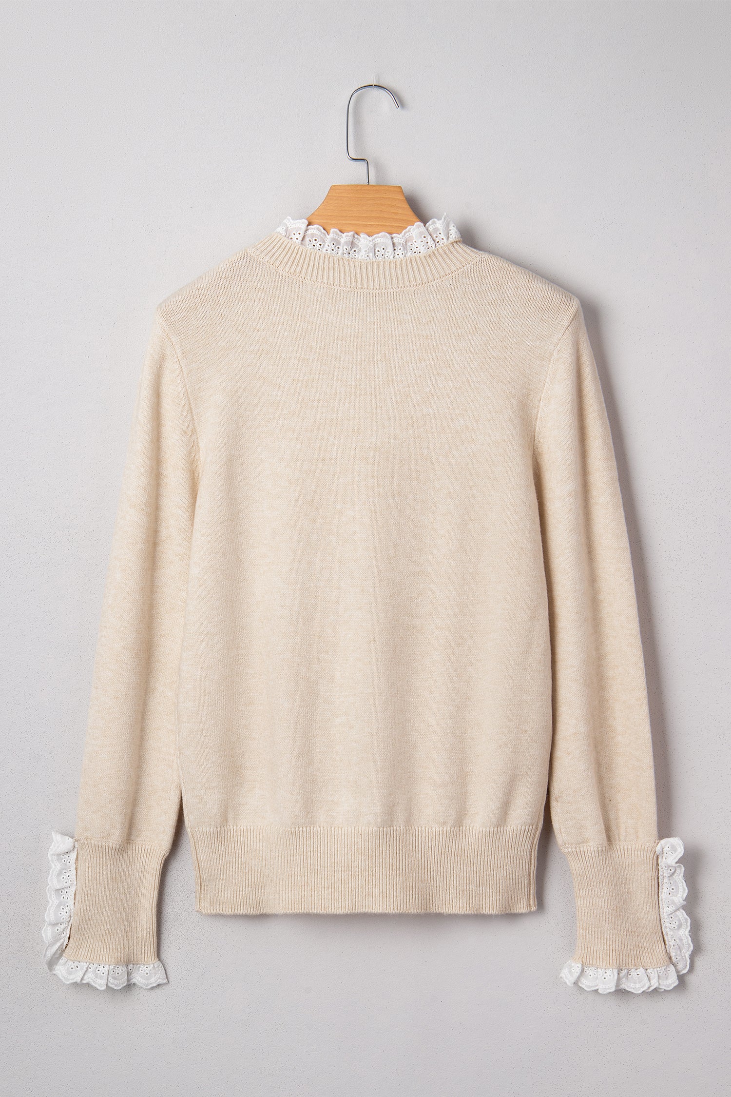 Jet Stream Lace Trim Patchwork Buttoned Cuffs Loose Sweater