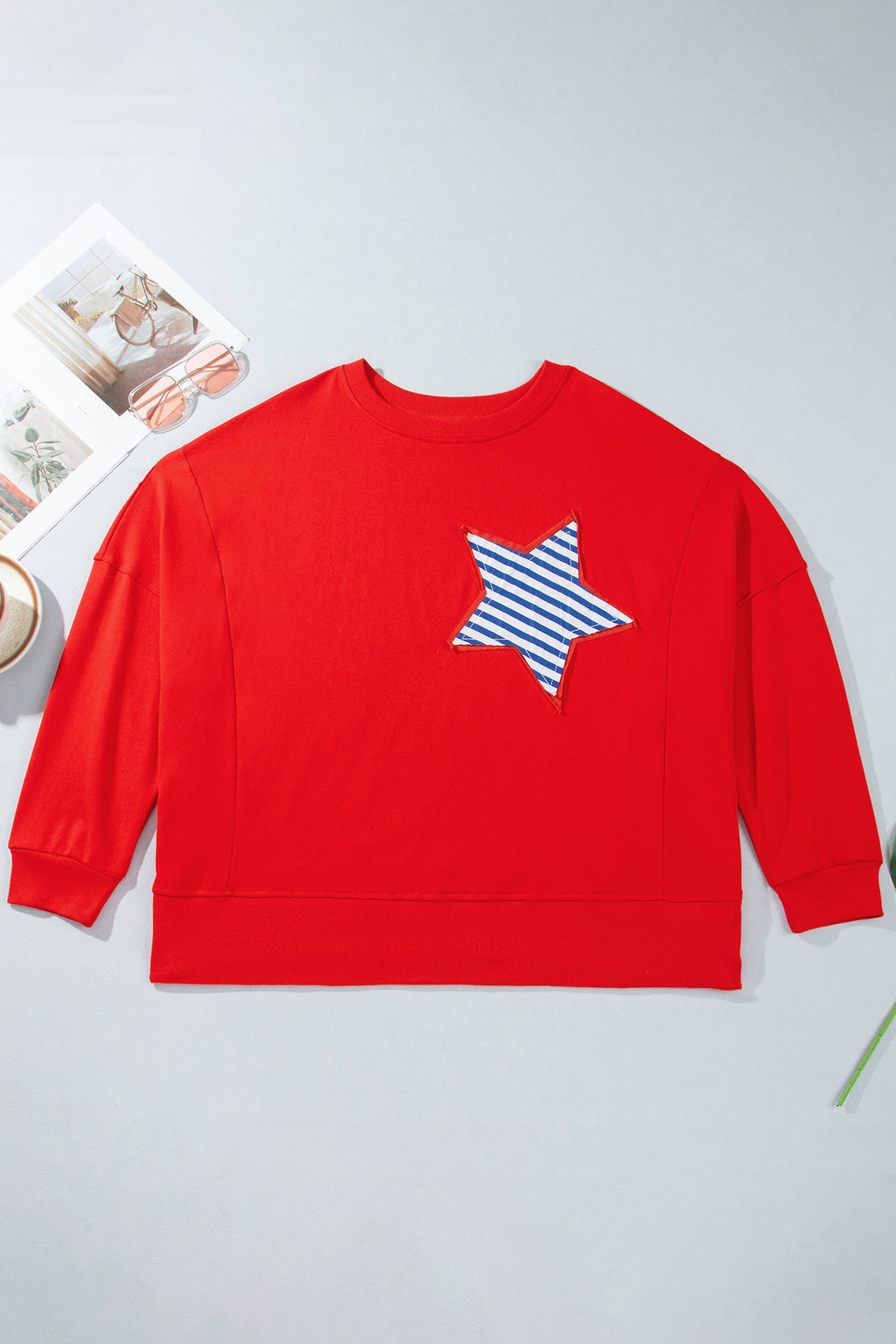 Fiery Red Patch Embroidery Star Colorblock Plus Size Sweatshirt