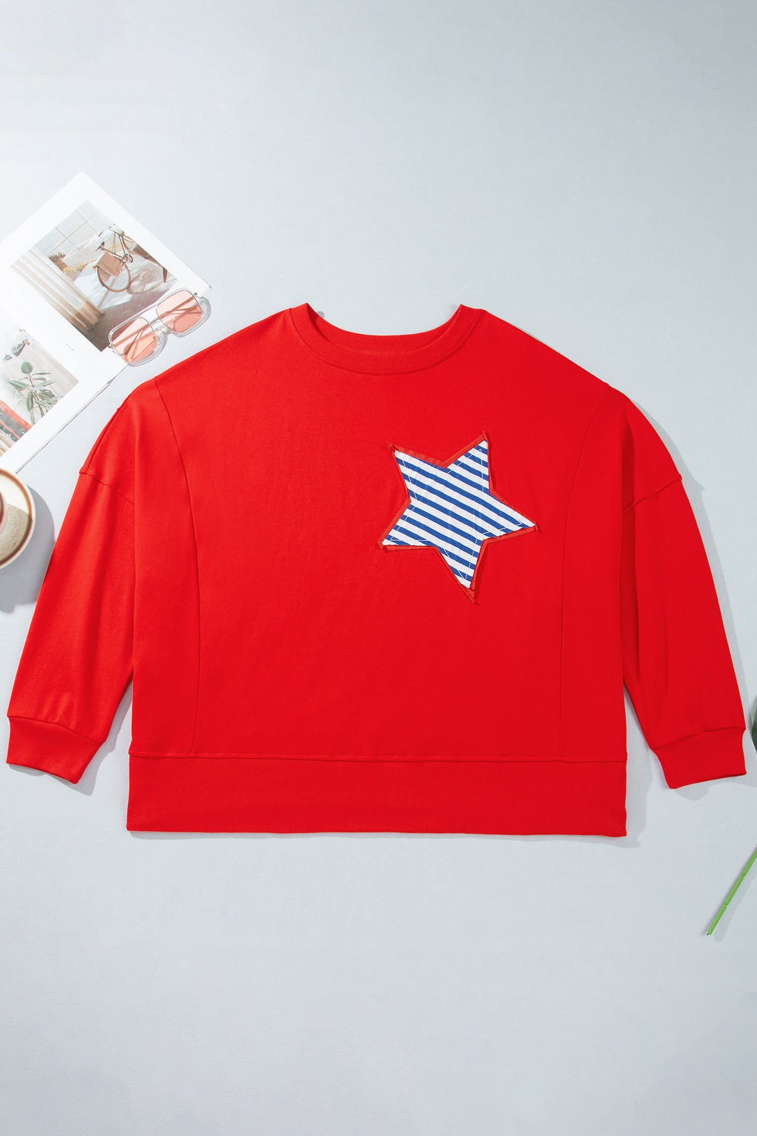 Fiery Red Patch Embroidery Star Colorblock Plus Size Sweatshirt