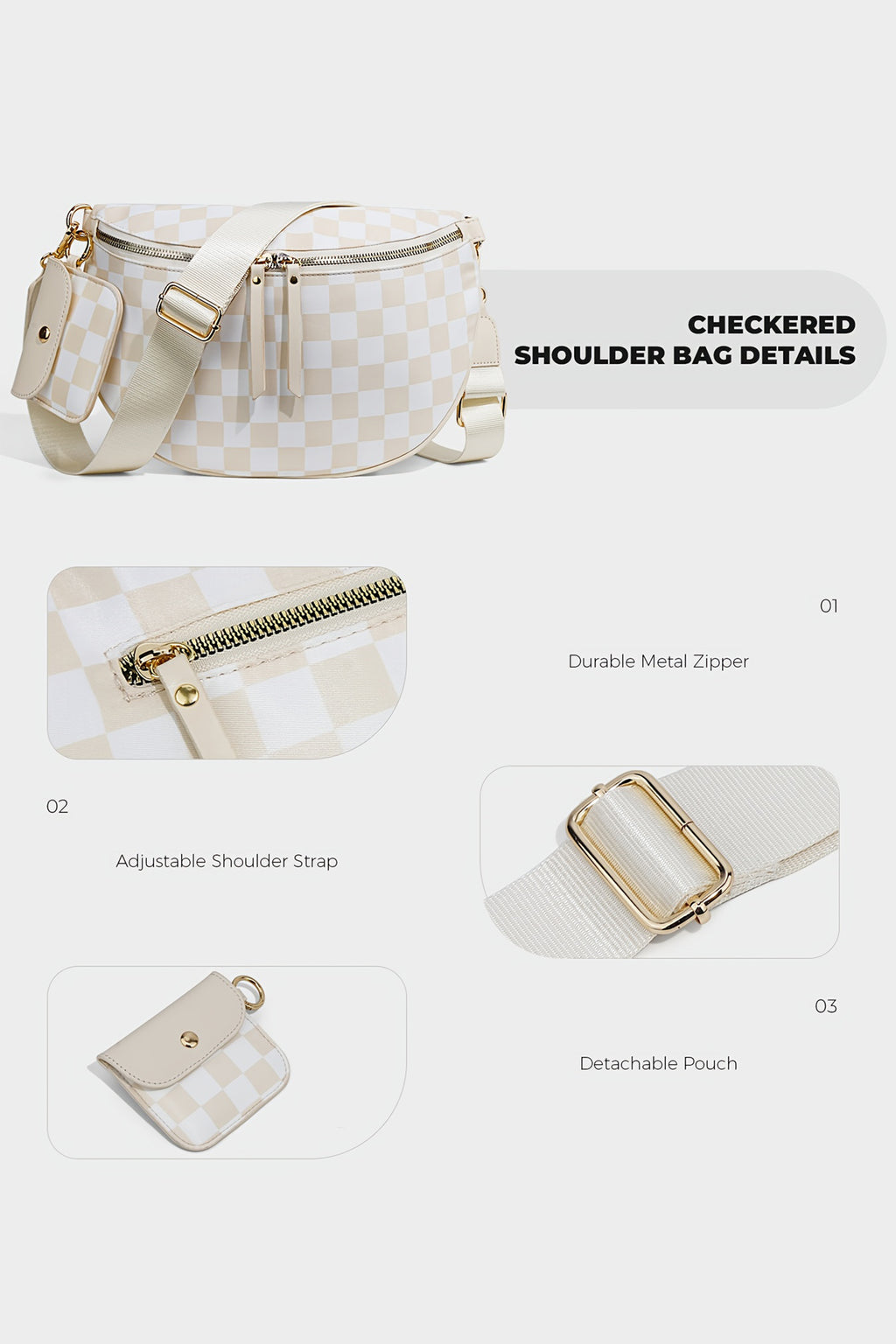 White Checkered Crescent Shoulder Bag with Detachable Pouch