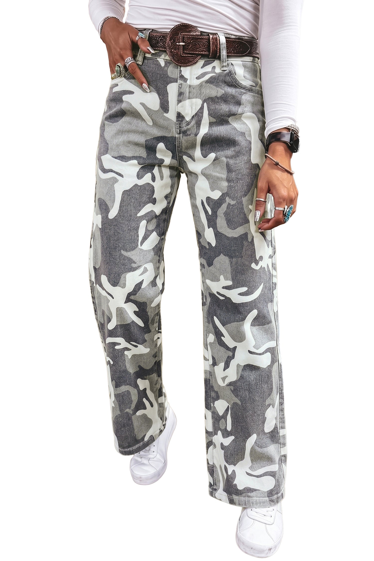 Green Camo Pattern Cotton Denim Shift Jeans