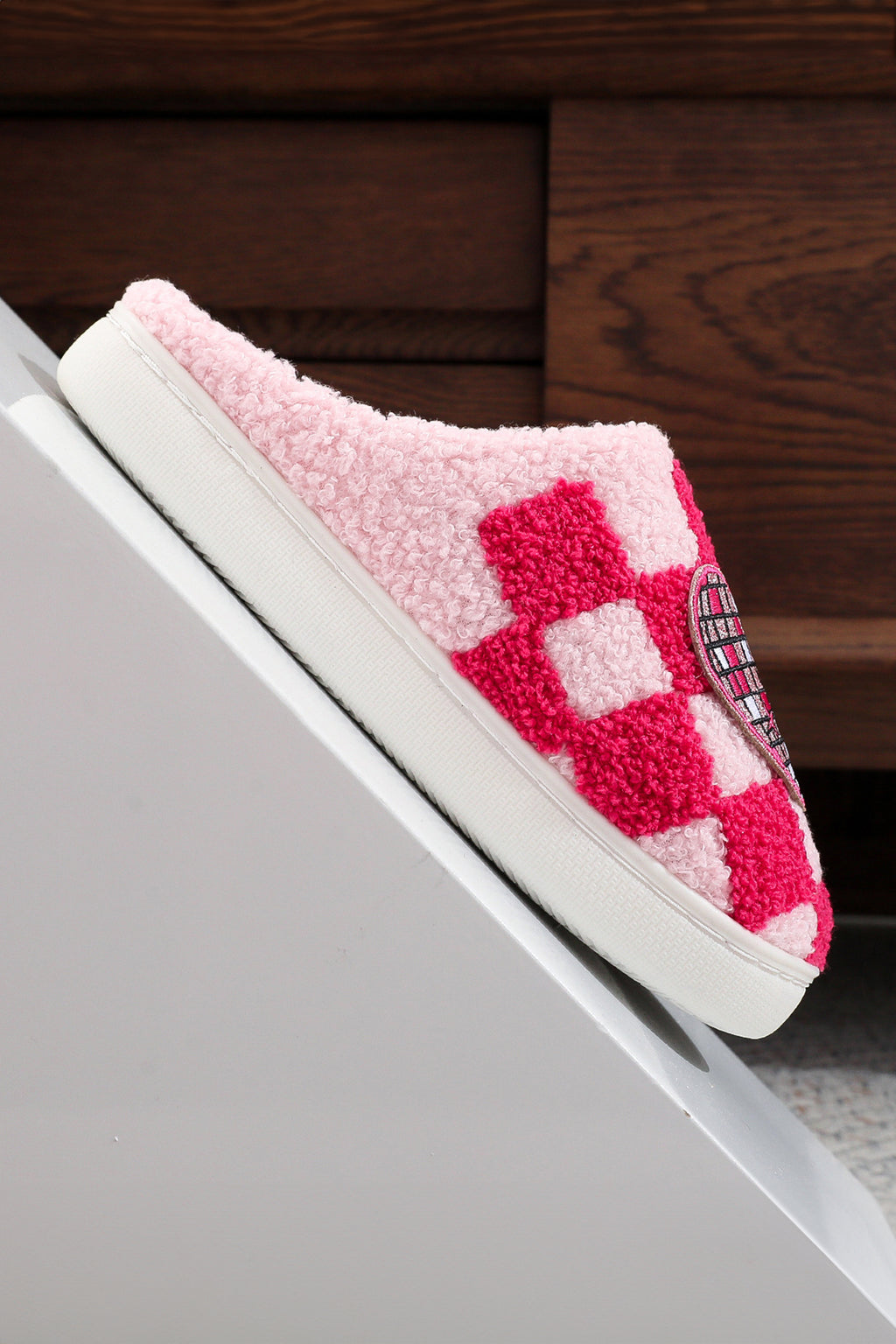 Fiery Red Disco Checkered Heart Plush Winter House Slippers