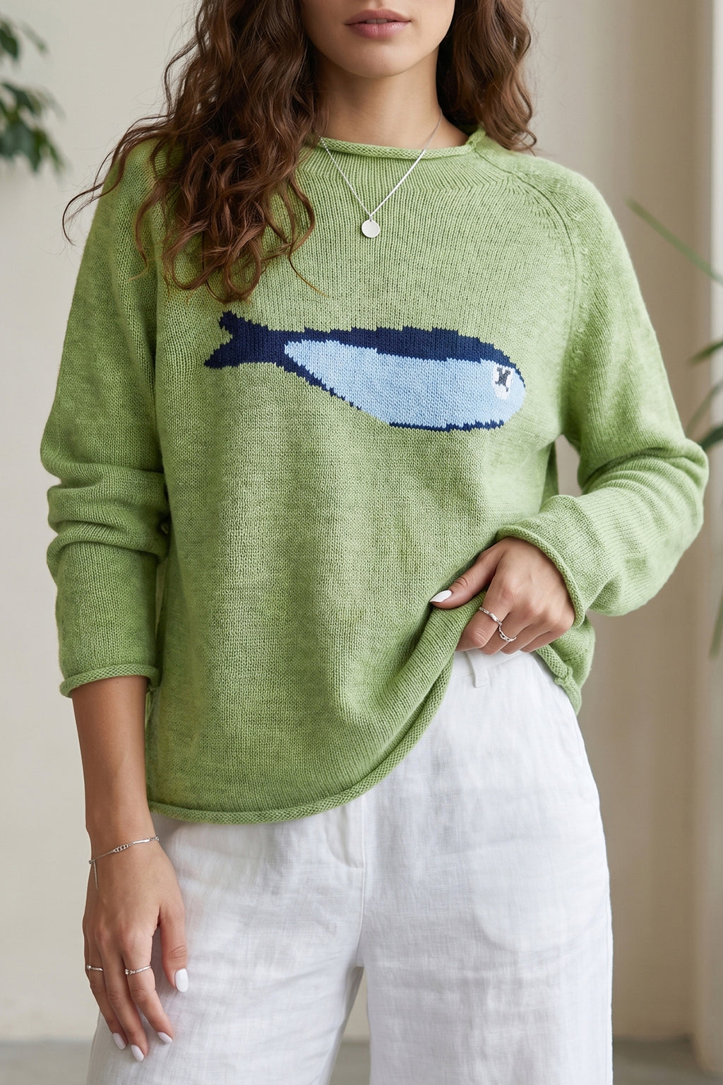 Meadow Mist Green Unique Fish Knit Oversized Round Neck Sweater
