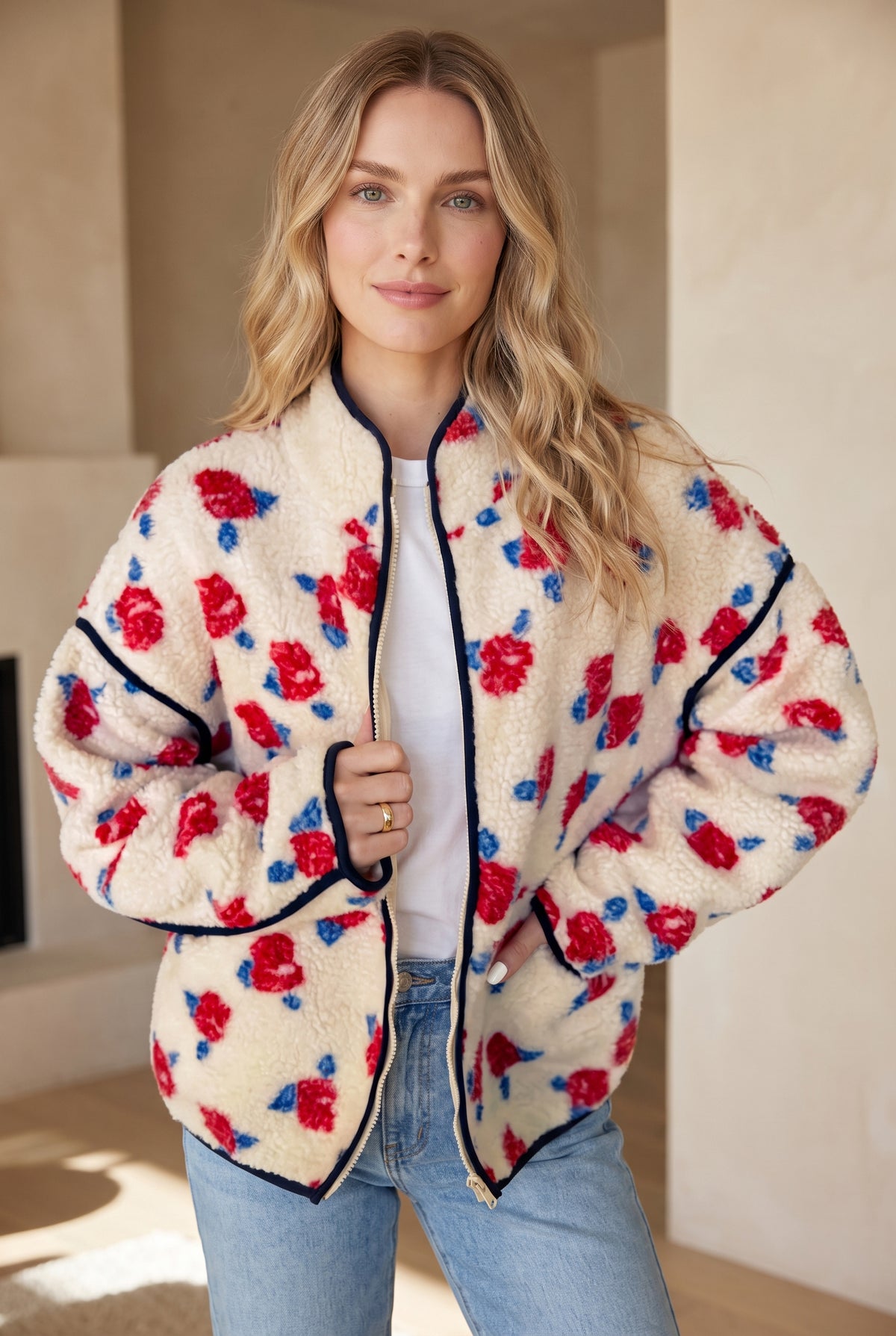 White Floral Print Zipper Stand Neck Outerwear Fleece Coat