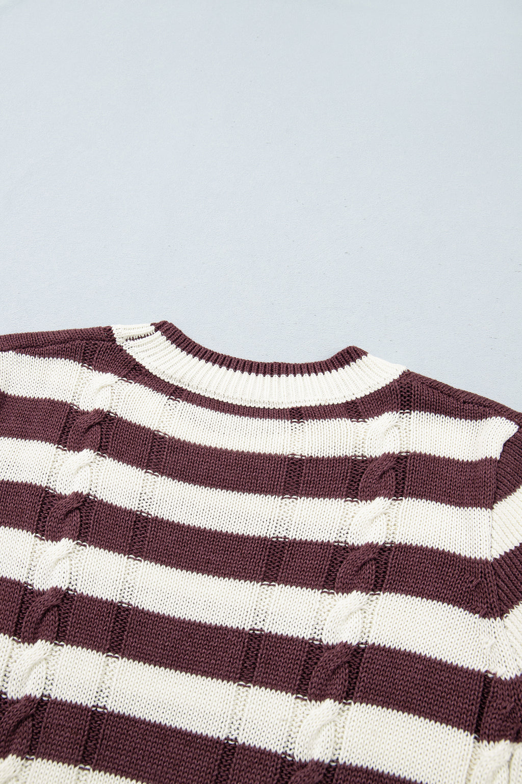 Brown Stripe Ribbed Knit Cable Detail Short Sleeve Sweater