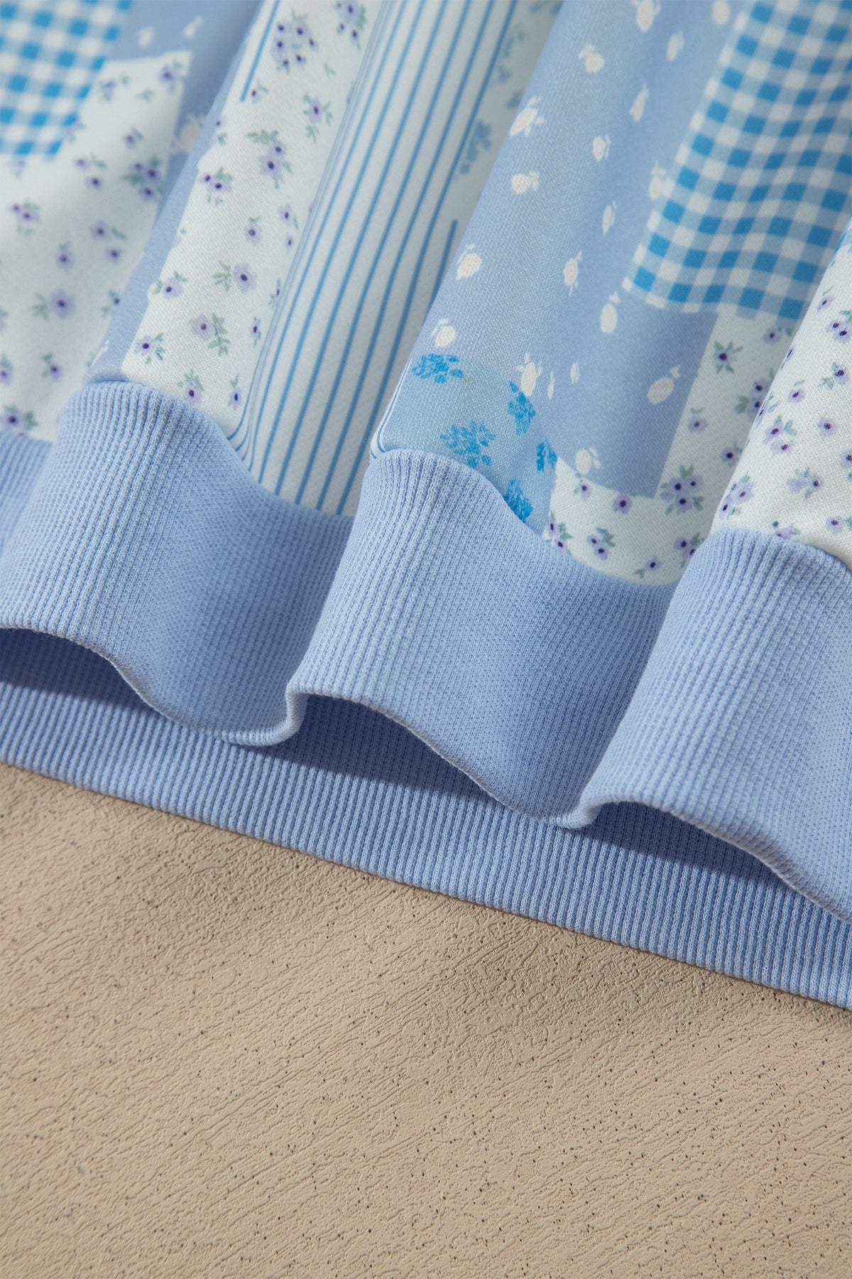 Sky Blue Patchwork Floral Print Drop Shoulder Baggy Pullover Drawstring Shorts Set