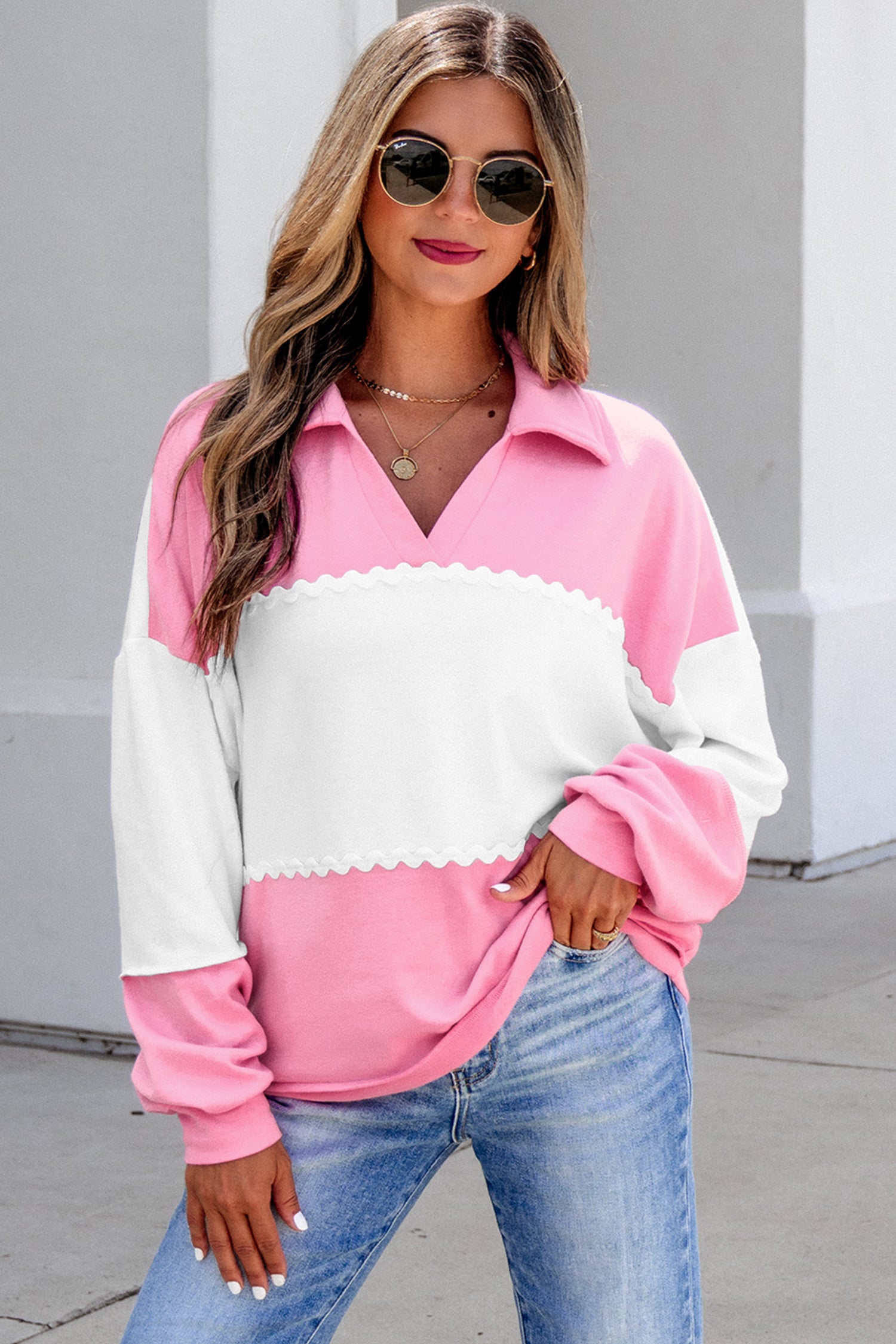 Rose Red Color Block Ricrac Trim Patchwork Collar V Neck Long Sleeve Top