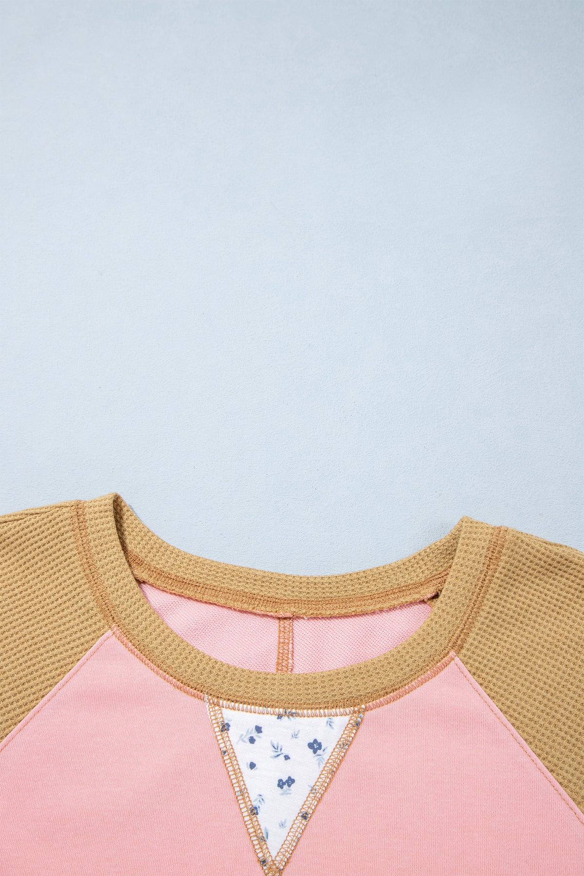 Apricot Pink Color Block Floral Waffle Mixed Patchwork Long Sleeve Top