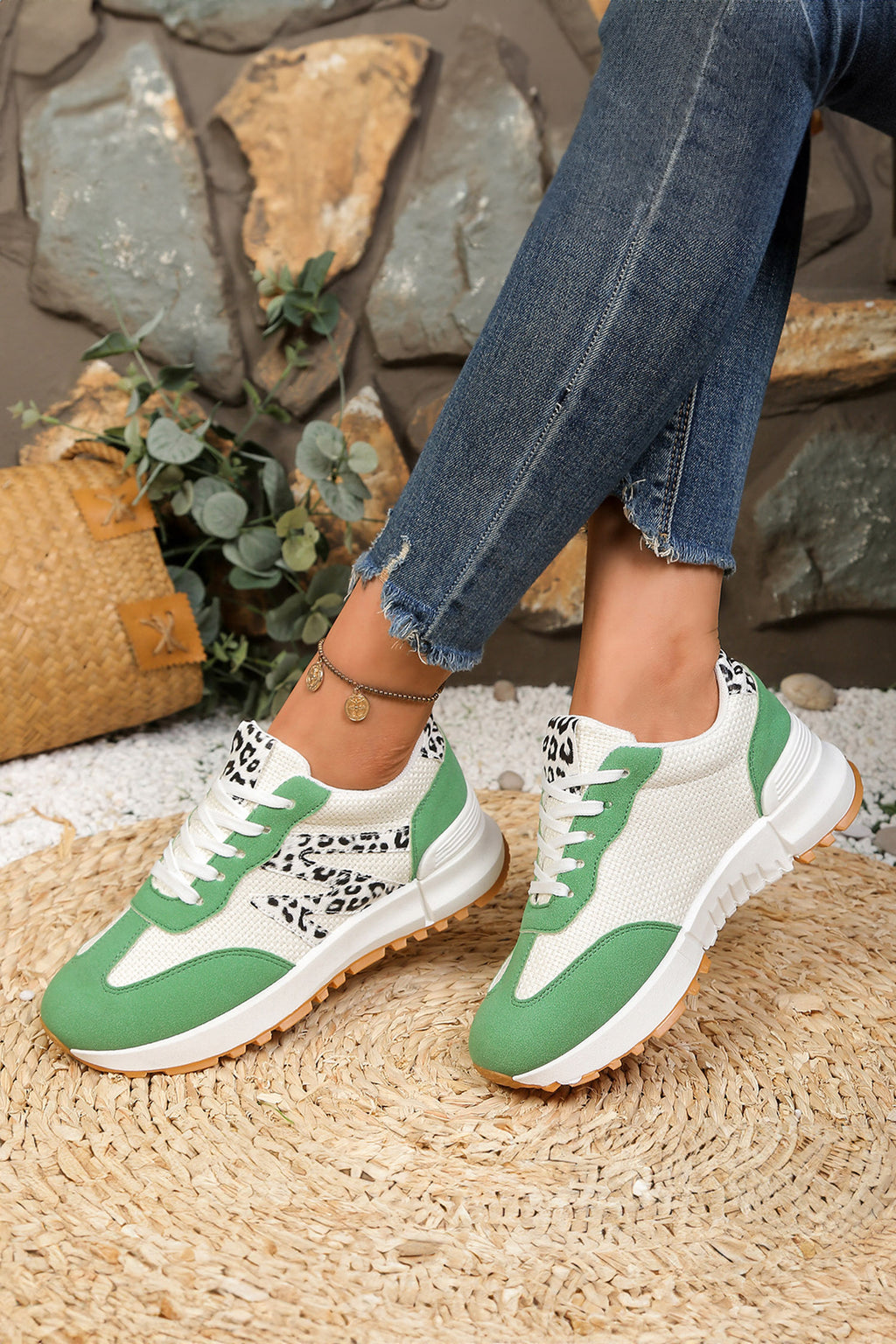 Green PU Leather Leopard Color Block Detail Lace Up Sporty Sneakers