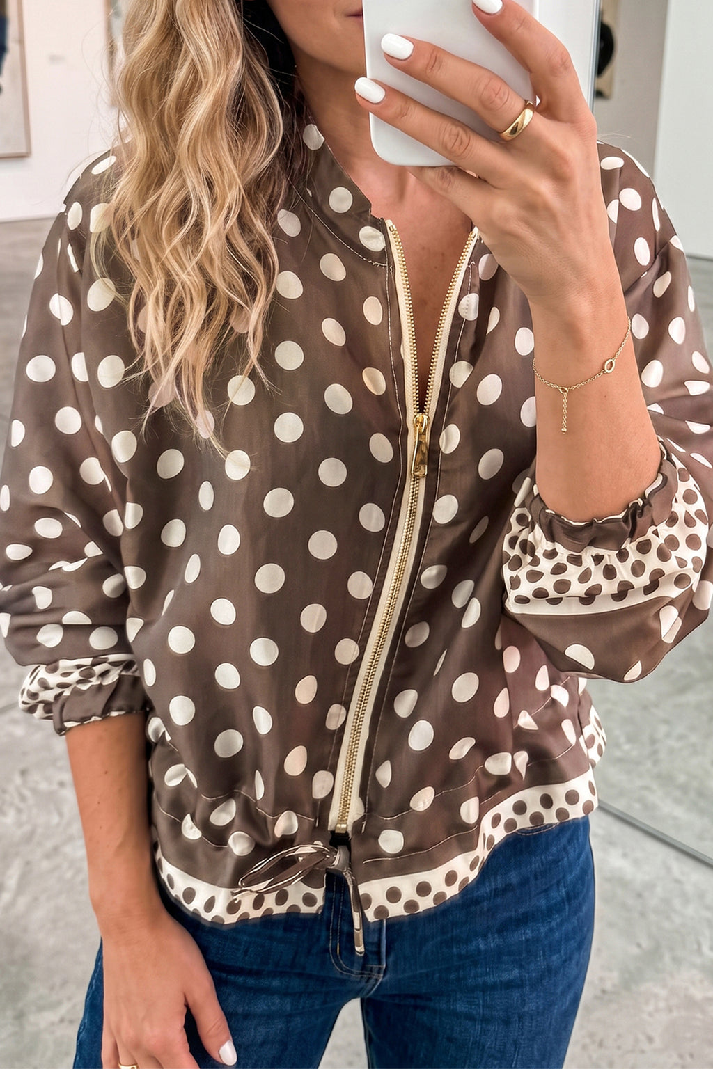 Brown Polka Dot Contrast Detail Zip-Up Long Sleeve Shacket