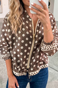 Brown Polka Dot Contrast Detail Zip-Up Long Sleeve Shacket
