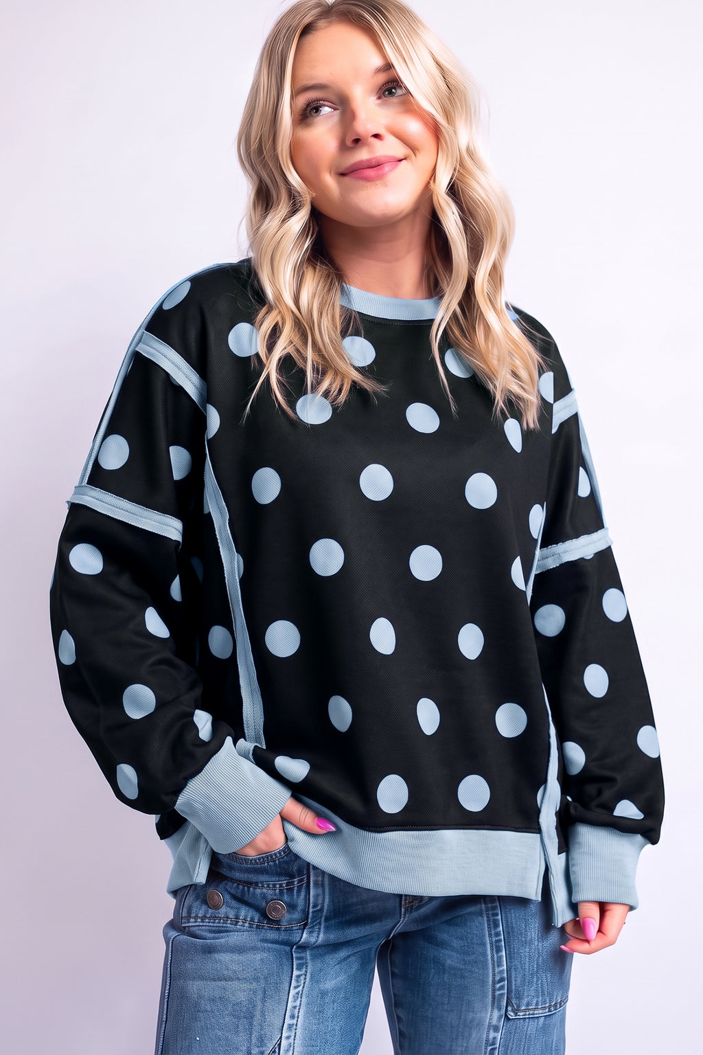 White Polka Dot Contrast Patchwork Round Neck Baggy Sweatshirt