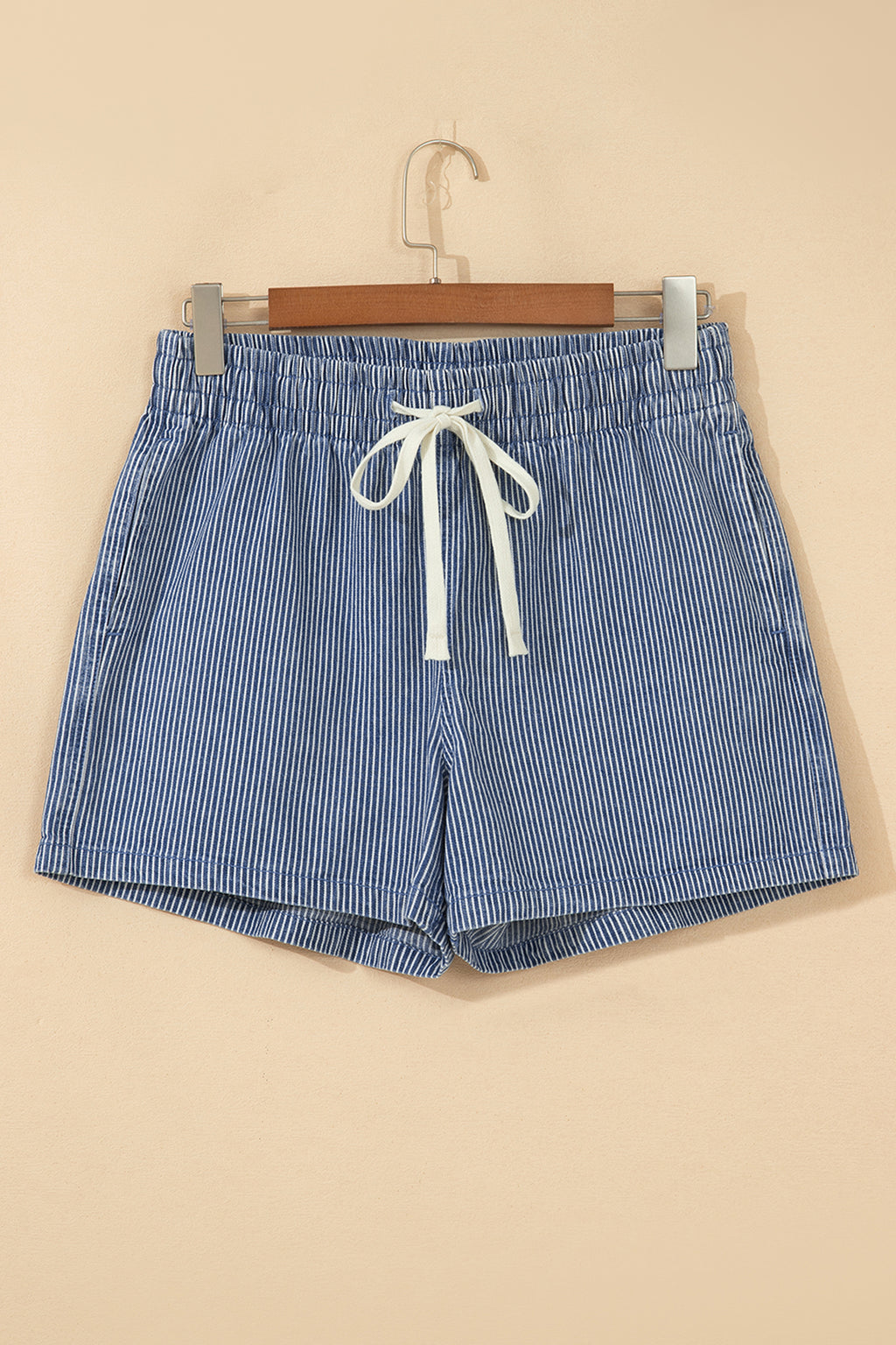 Pink Stripe Drawstring Elastic Waist Casual Denim Shorts