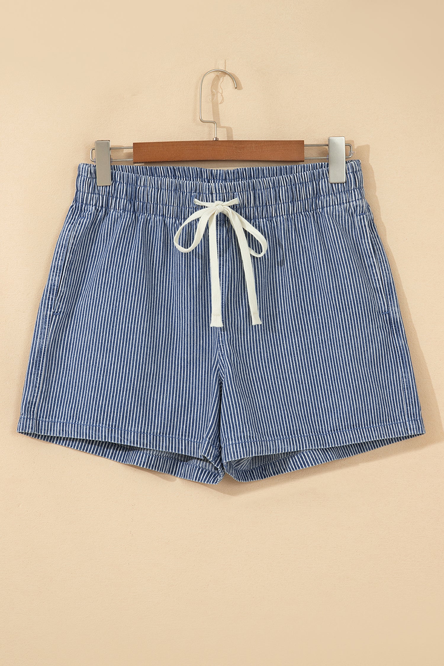 Pink Stripe Drawstring Elastic Waist Casual Denim Shorts