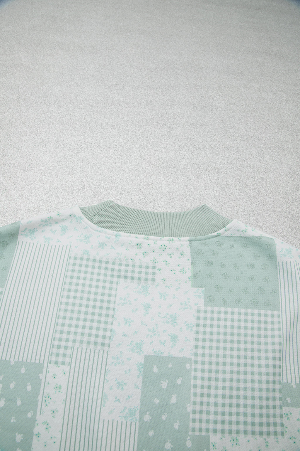 Green Patchwork Floral Print Drop Shoulder Baggy Pullover Drawstring Shorts Set