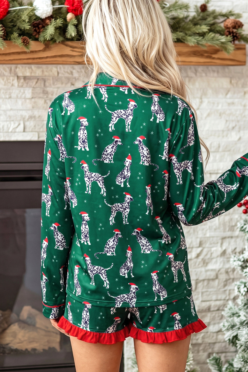 Green Long Sleeve Dog Print Two Piece Shift Lounge Set