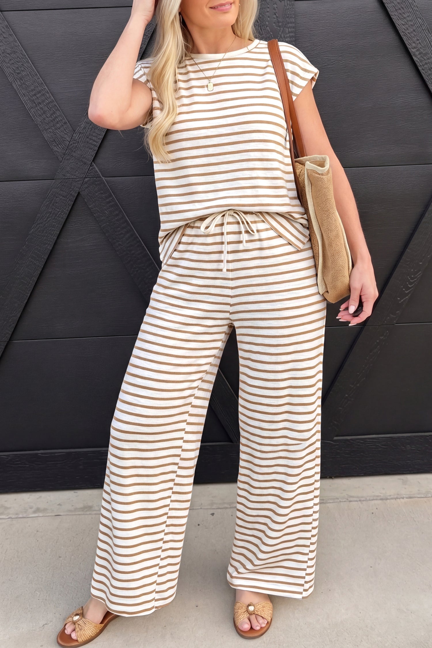 Khaki Stripe Cap Sleeve Tee Drawstring Shift Pants 2pcs Outfit