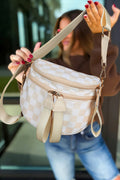 Oatmeal Canvas Checkerboard Pattern 27cm Compact Crossbody Bag