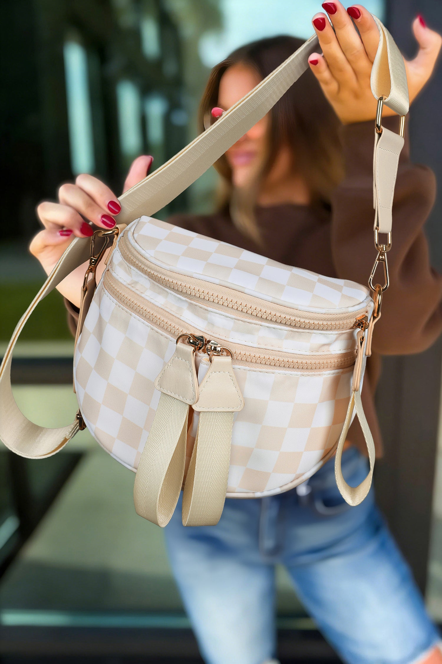 Oatmeal Canvas Checkerboard Pattern 27cm Compact Crossbody Bag