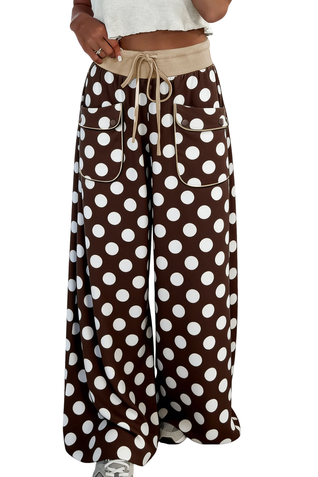 Brown Polka Dot Drawstring Pocket Wide Leg Pants