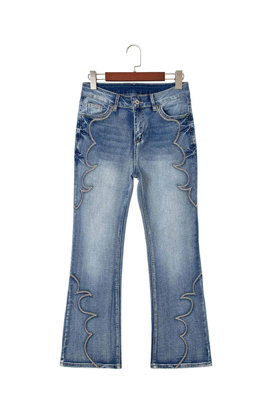 Blue Western Embroidered Flare Full Length Jeans