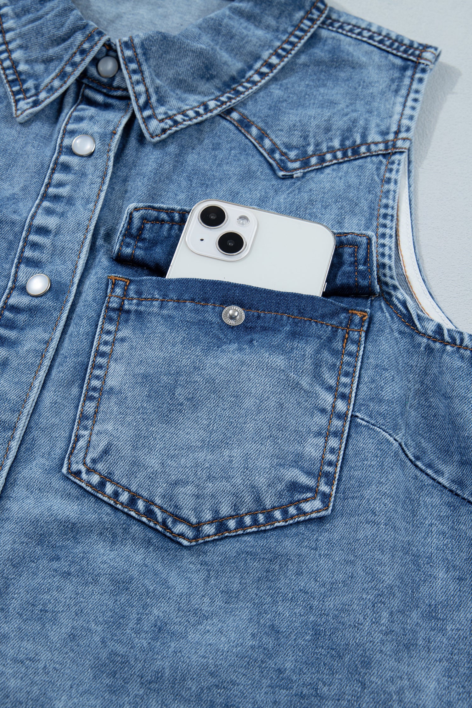 Dusk Blue Buttoned Front Collared Denim Sleeveless Top
