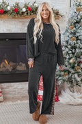 Carbon Grey Twisted Rib Texture Leopard Patchwork Detail 2pcs Pant Set