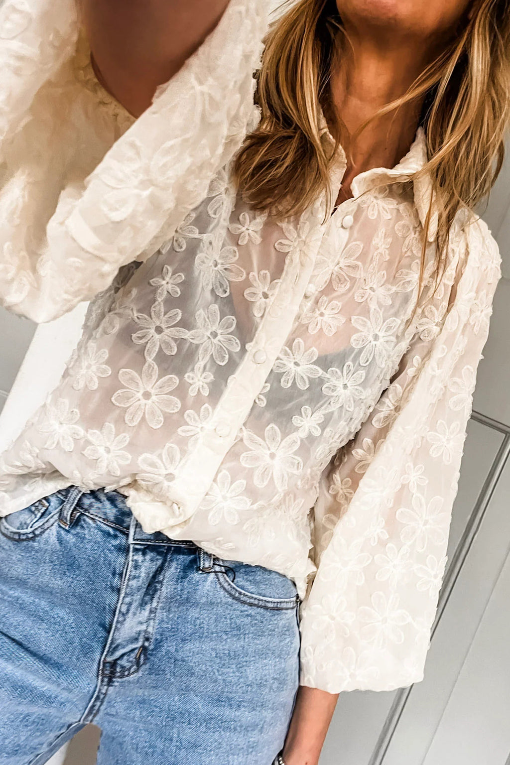 Beige Sheer Jacquard Floral Button-Down Long Sleeve Shirt