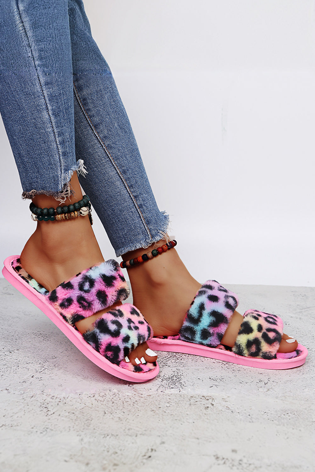 Rose Red Bold Plush Leopard Double Band Flat Slippers