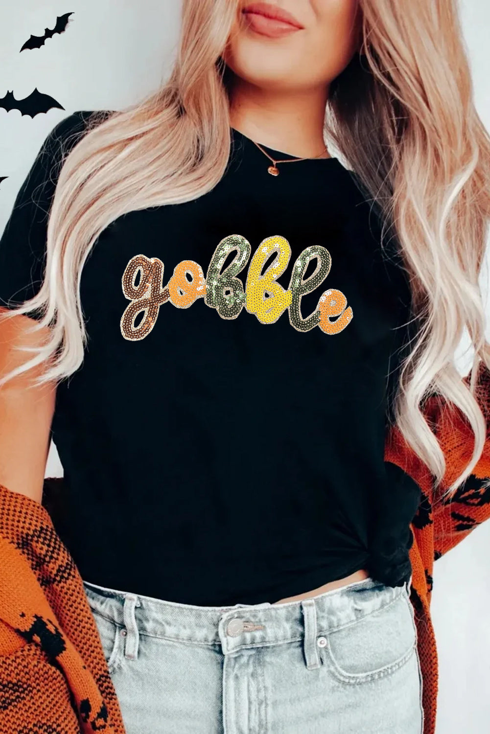 Black gobble Sequin Letter Graphic Thanksgiving T Shirt