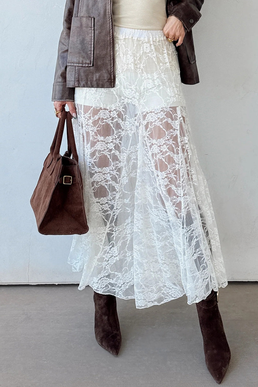 White Sheer Floral Lace Flowy Maxi Skirt