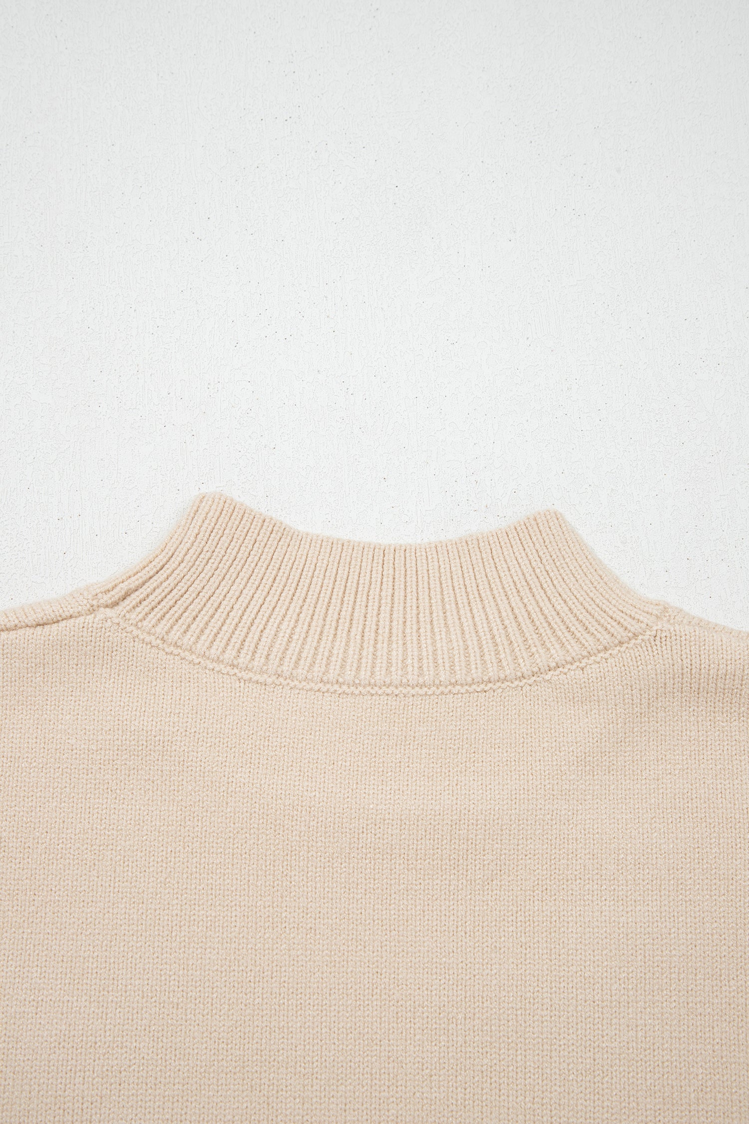 Parchment Corded Horseshoes Ribbed Trim Mock Neck Short Sleeve Sweater