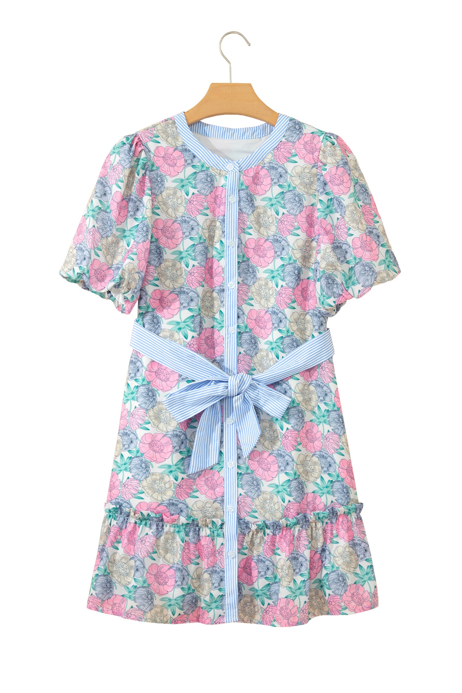 White Floral Print Striped Contrast Trim Belted Short Dress