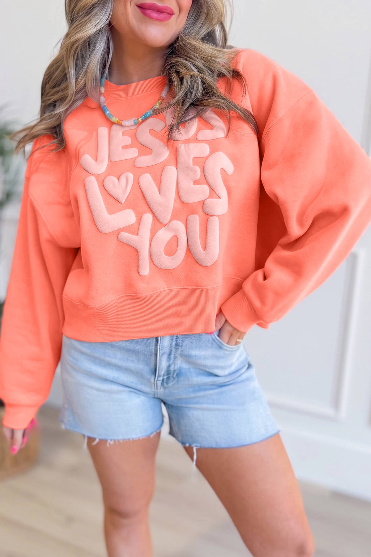 Grapefruit Orange JESUS LOVES YOU Puffy Letter Graphic Sweatshirt