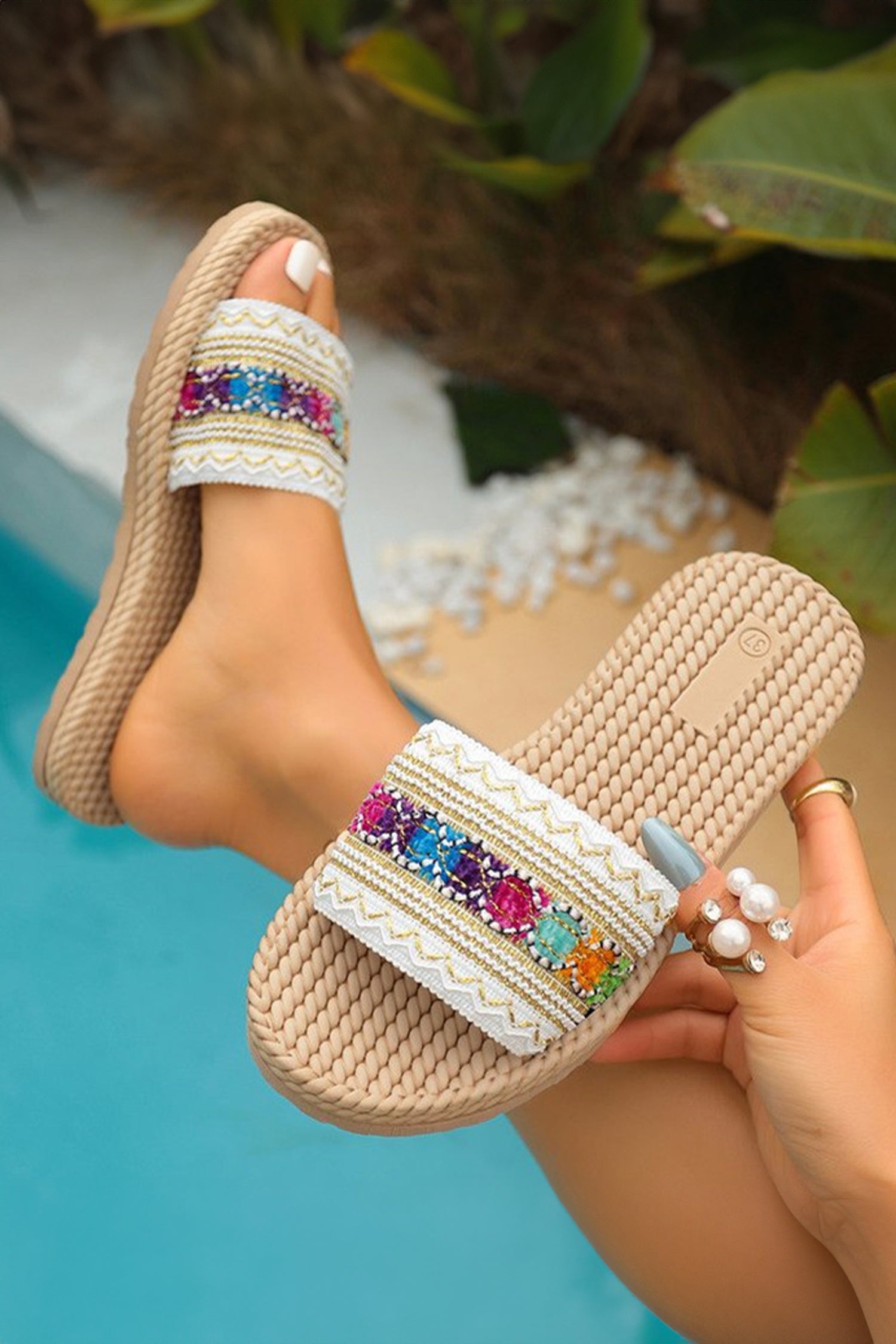 Parchment Bohemian Vacation Woven Colorful Detail Wide Band Slippers