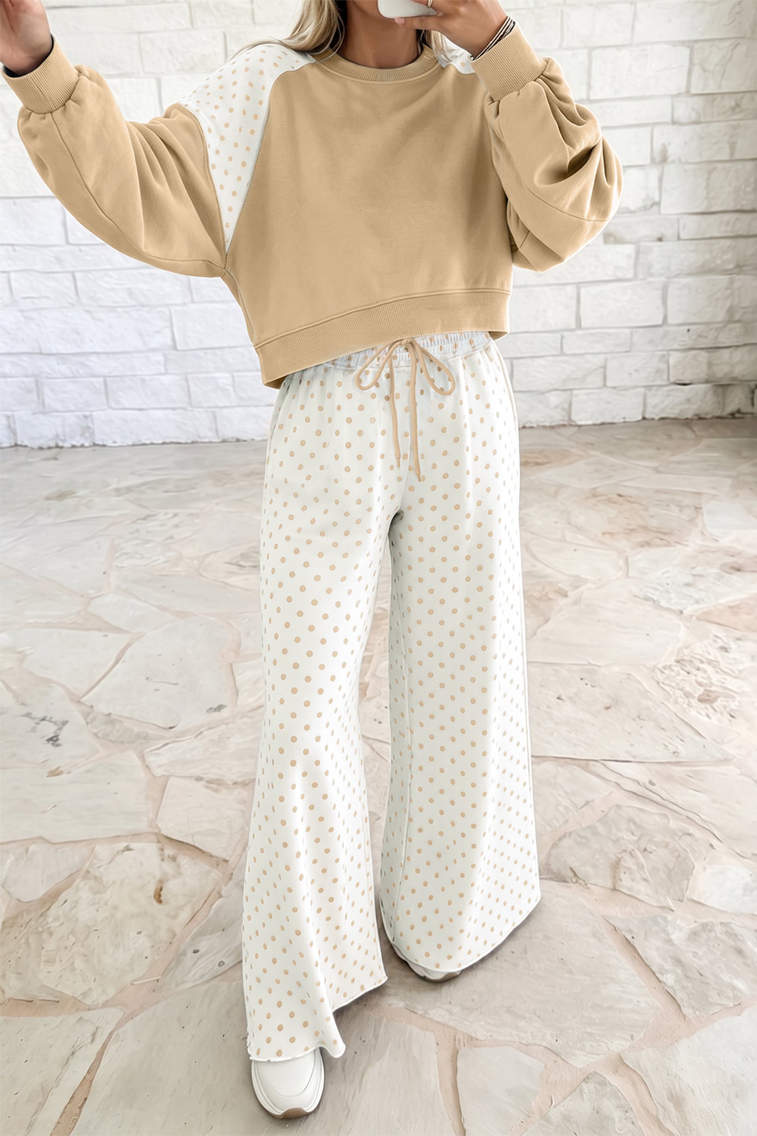 Khaki Polka Dot Patchwork Colorblock Long Sleeve Casual Two Piece Pants Set