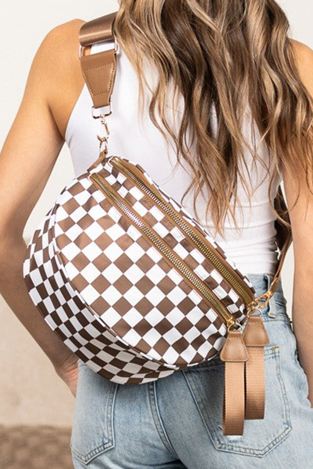 Dark Grey Checkered Print Wide Strap Large Crossbody Bag