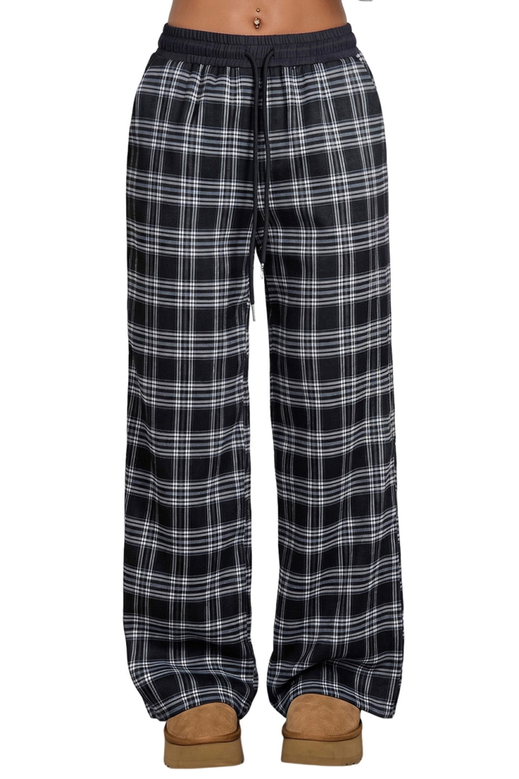 Black Frenchy Plaid Pattern Contrast Drawstring Waist Wide Leg Pants