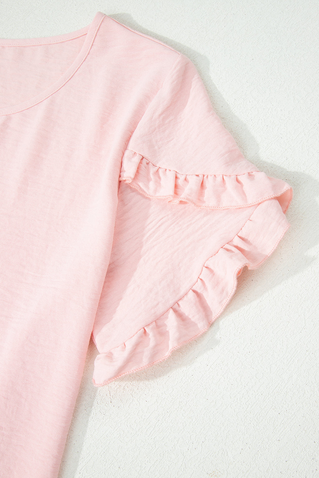 Light Pink Solid Color Ruffle Trim Short Sleeve Blouse