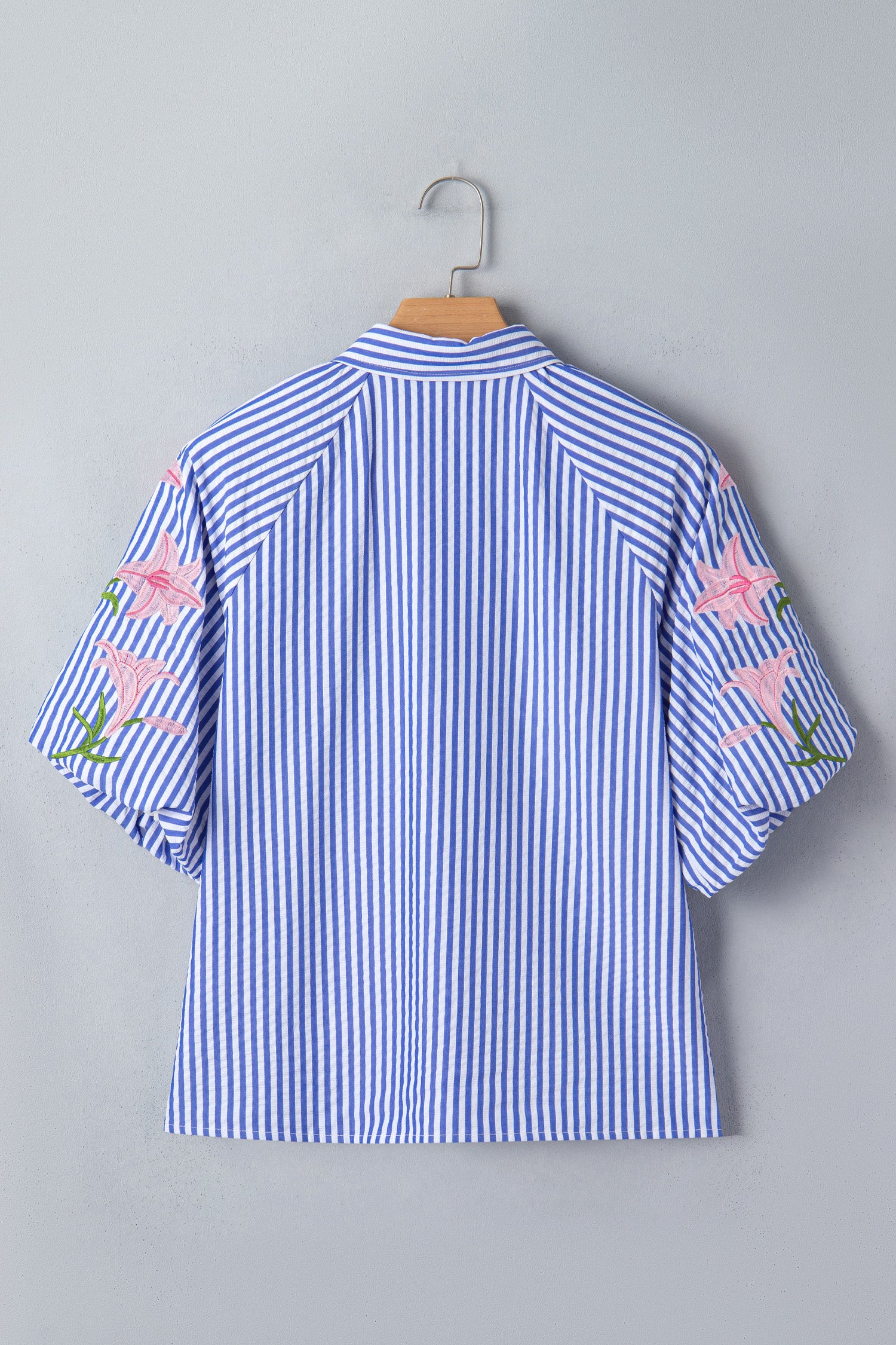 Sky Blue Stripe Lily Floral Embroidered Puff Sleeve Button Down Shirt