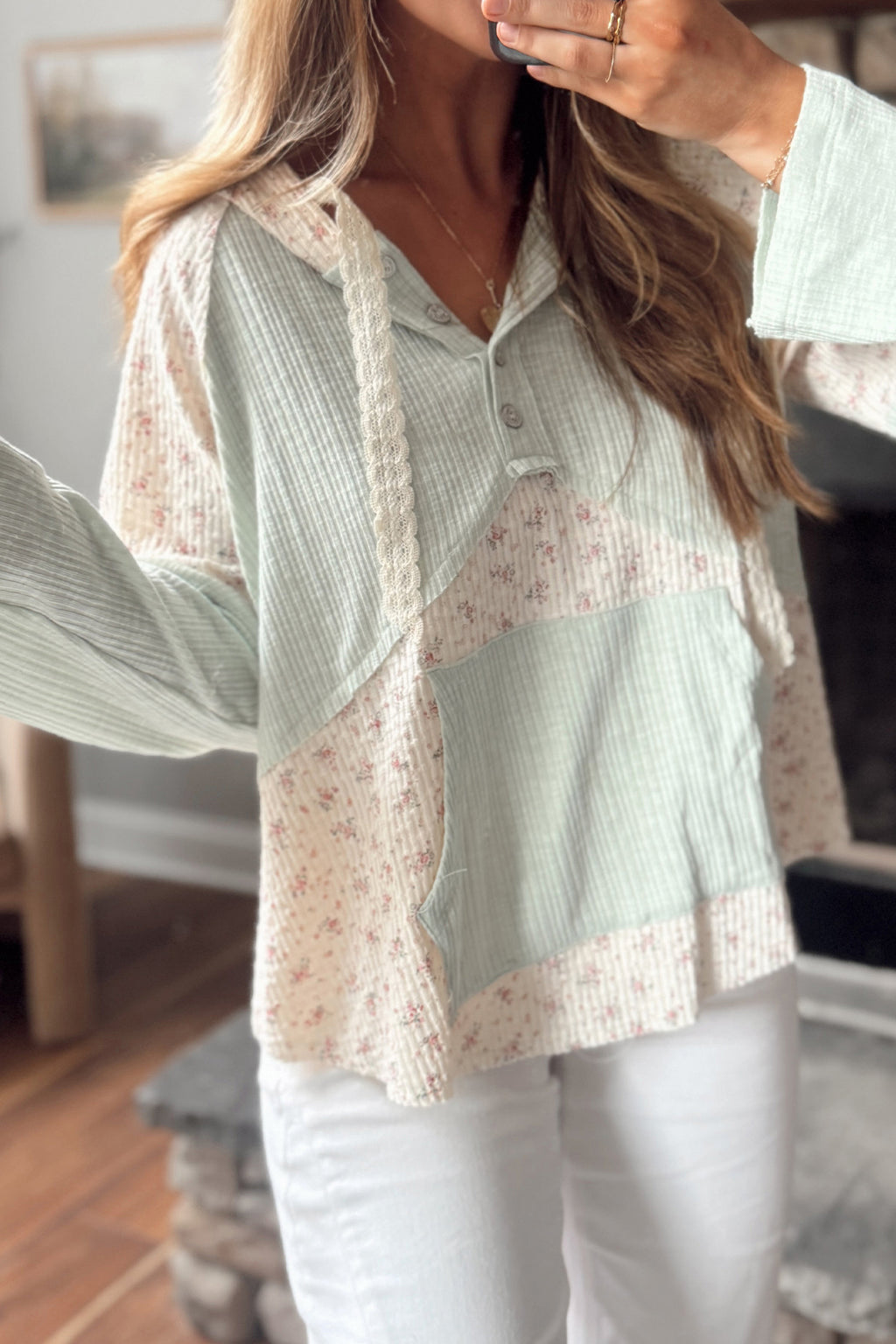 Clearly Aqua Textured Floral Patchwork Button Hooded Long Sleeve Top