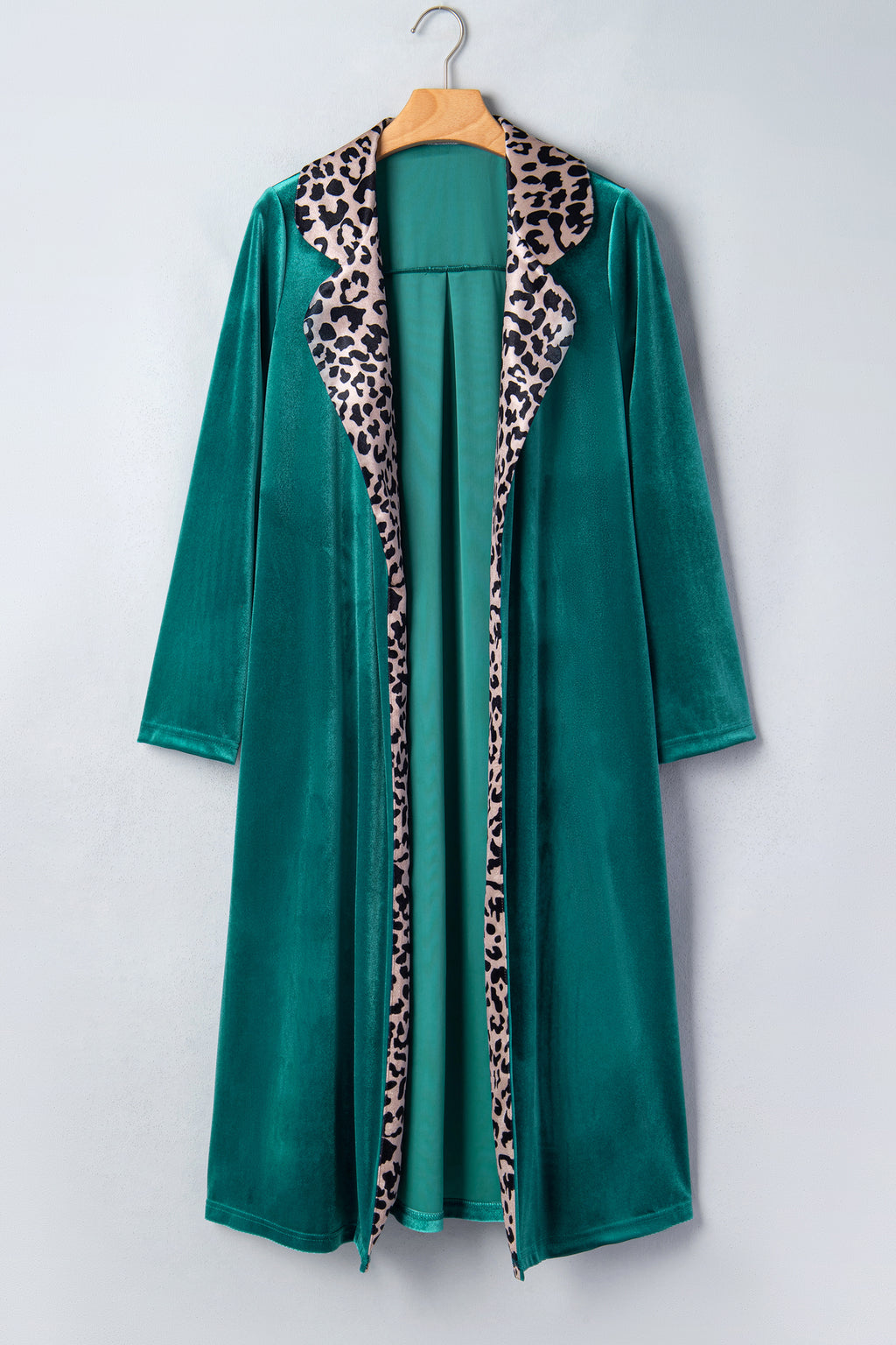 Skobeloff Velvet Contrast Leopard Print Lapel Collar Open Front Cardigan