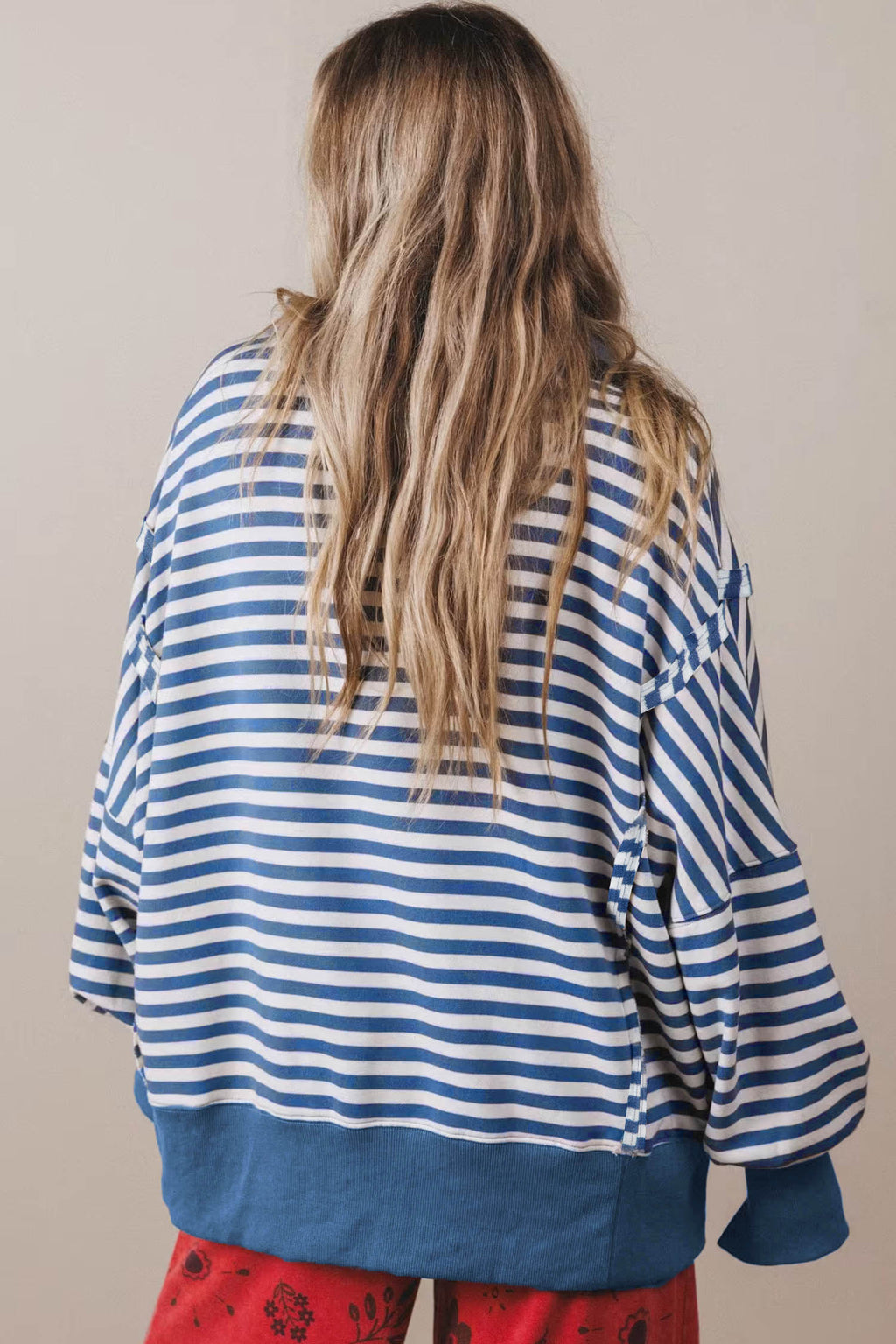 Blue Stripe Color Block Trim Raw Seam Split Hem Loose Pullover Sweatshirt
