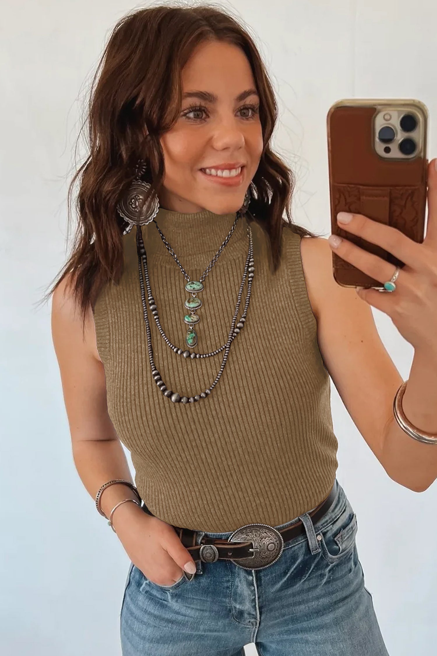 Light French Beige Western Ribbed Knit High Neck Sleeveless Waist Slim Fit Sweater Vest