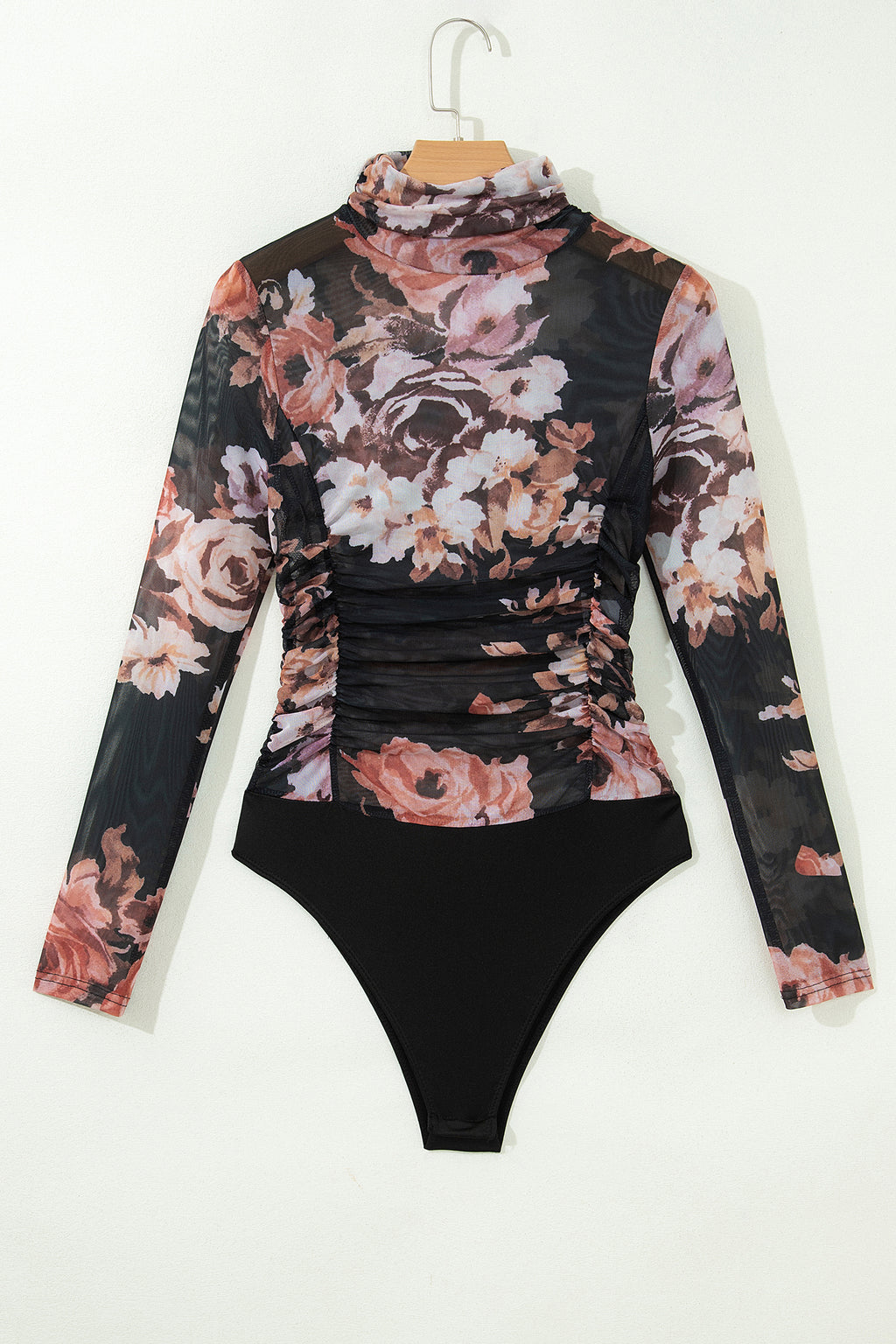 Brown Floral Mesh Long Sleeve High Neck Bodysuit