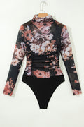 Brown Floral Mesh Long Sleeve High Neck Bodysuit