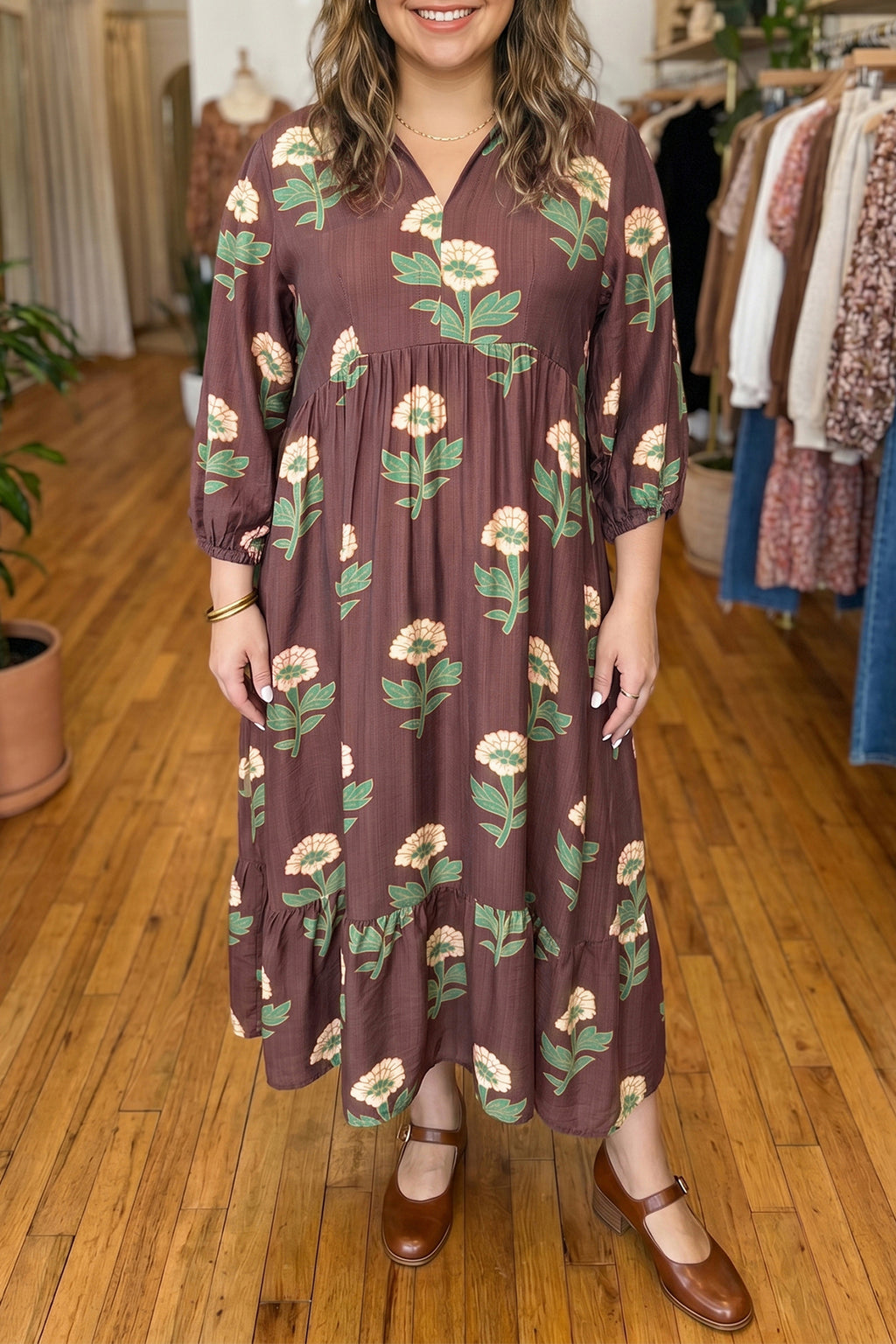 Brown Floral Print V-Neck Long Sleeve Loose Shift Plus Size Dress