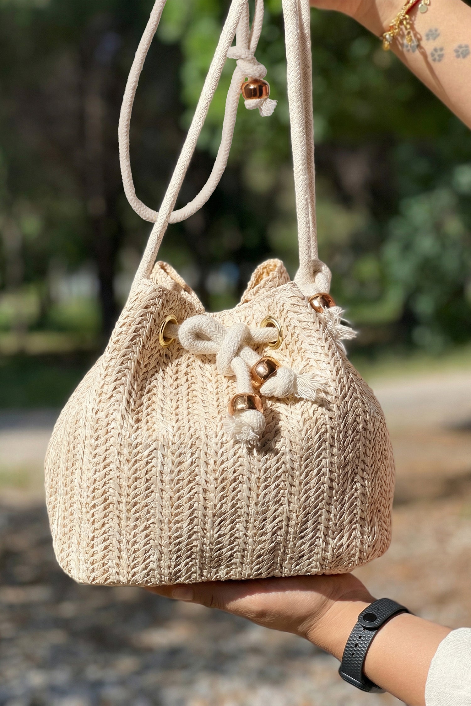 White Boho Straw Woven Drawstring Closure Mini Bucket Bag